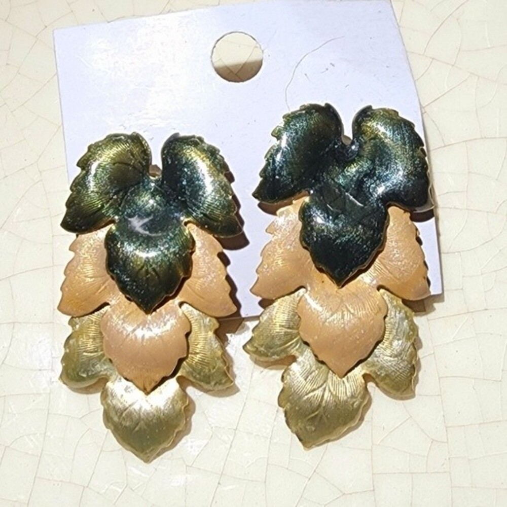 Green Taupe Gold Cascading Leaf Statement Earrings